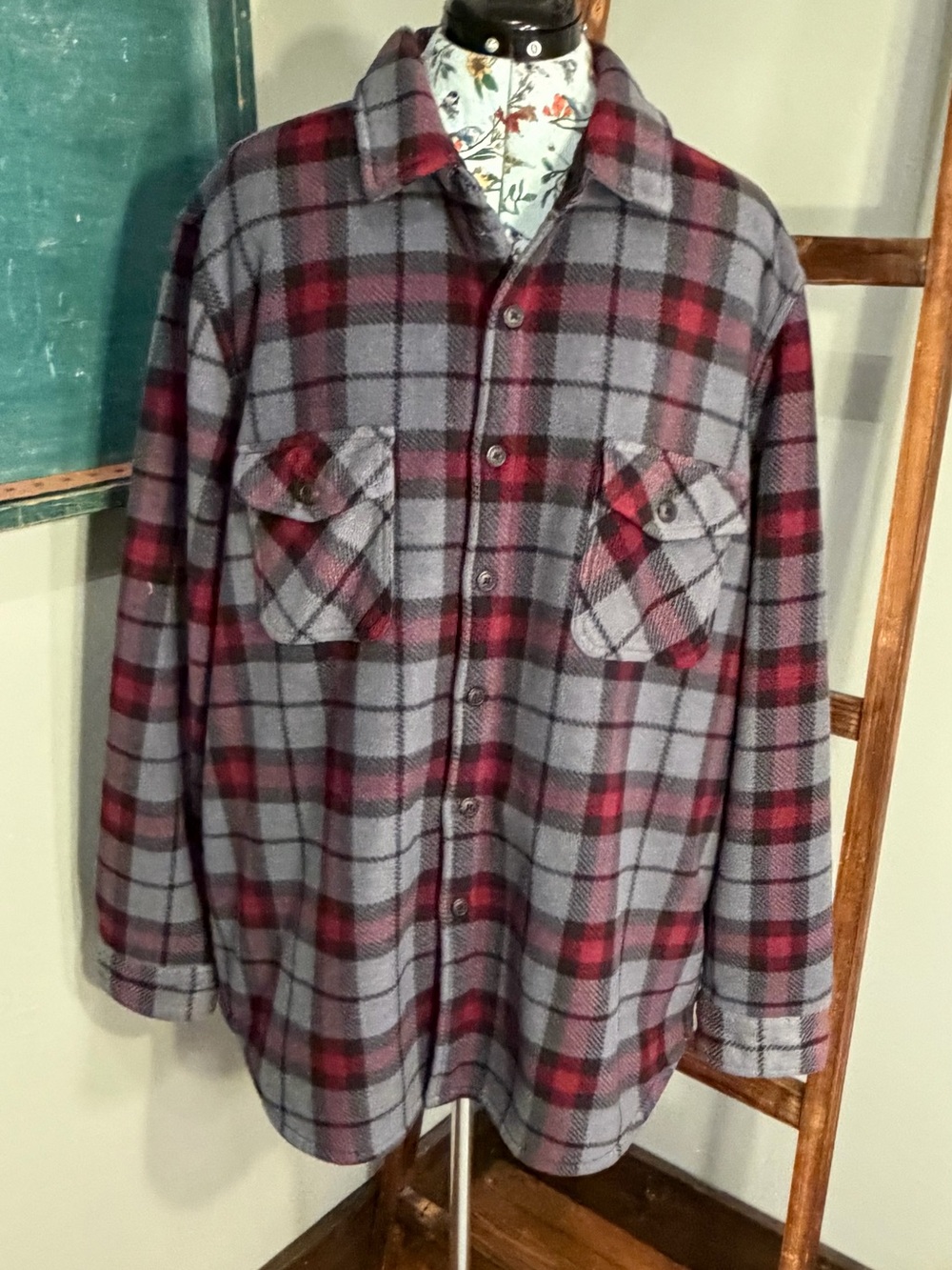 Men's Grey and Burgundy Plaid Button-Up Shirt Jacket